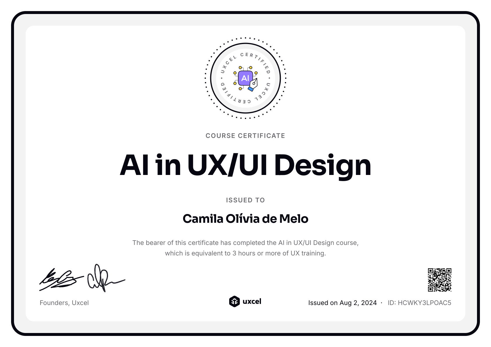 Camila Olívia de Melo's certificate